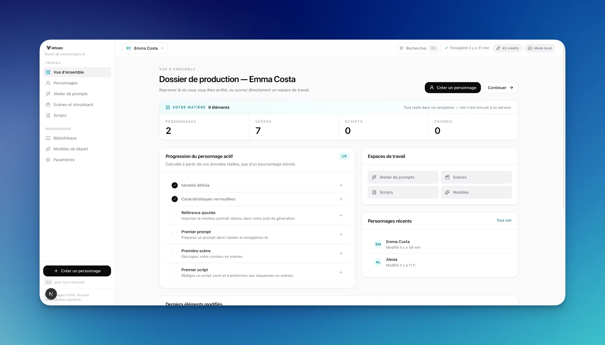 Interface de Virtoza Studio : vue d’ensemble d’un projet avec les espaces de travail et les personnages récents.
